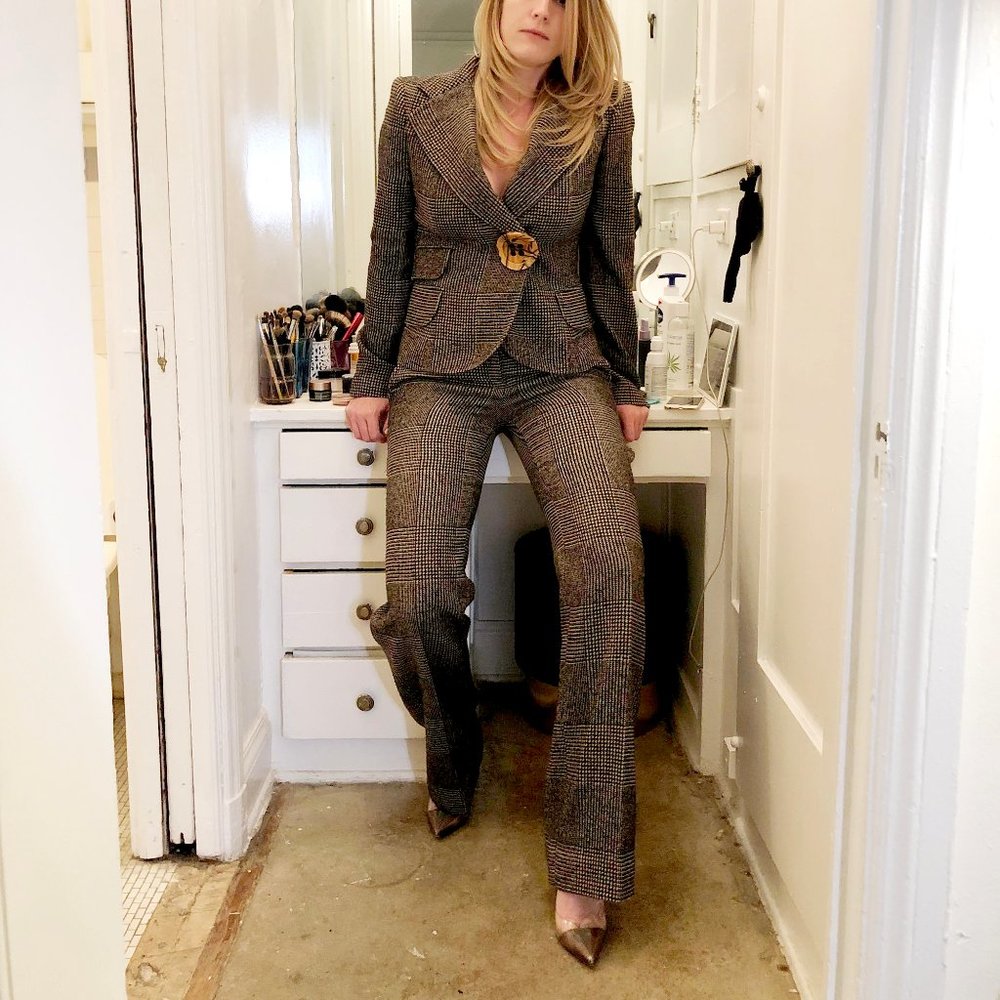 Dolce & Gabbana Brown Glen Plaid Wool Pantsuit with Gold Buckle